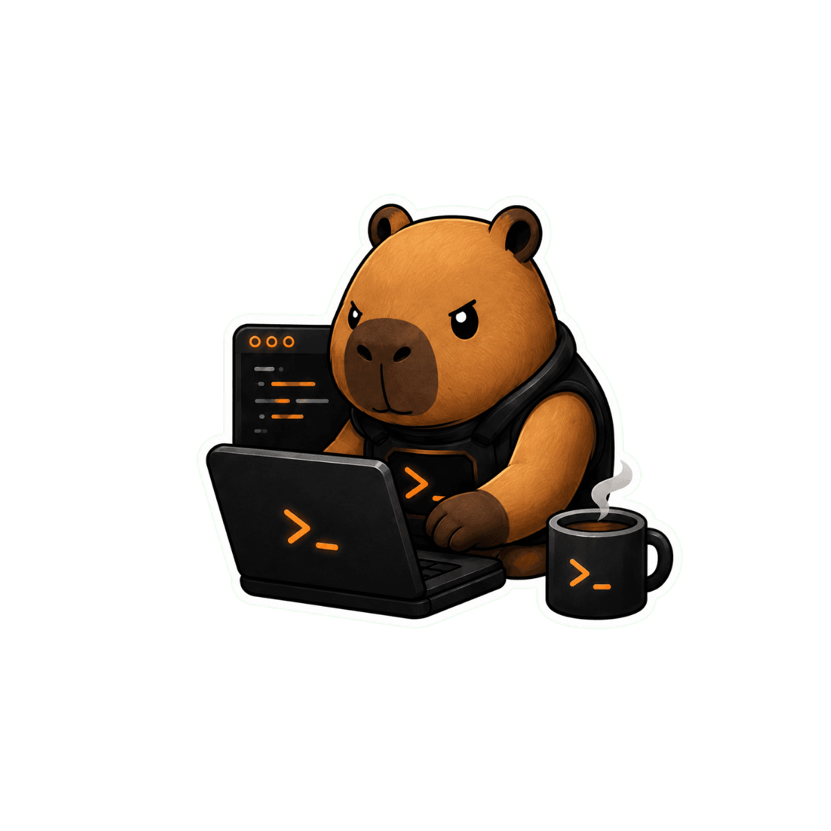 Mascote da Capiva programando num laptop com uma caneca de café ao lado