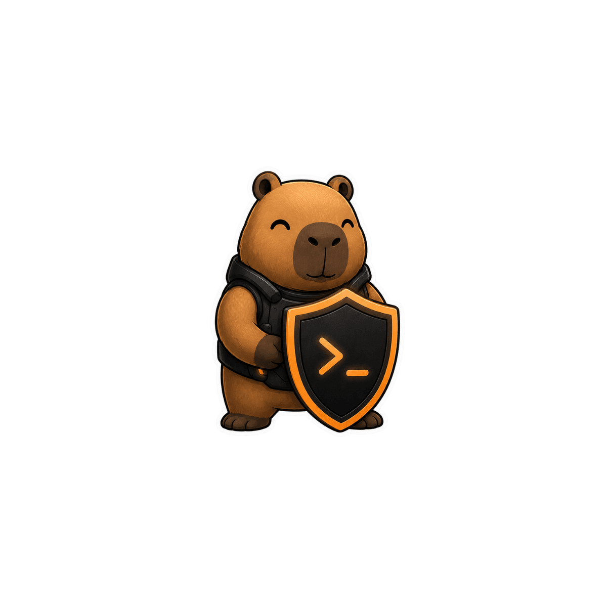 Mascote da Capiva de colete-harness segurando um escudo com um terminal — o guard que bloqueia transições sem gate